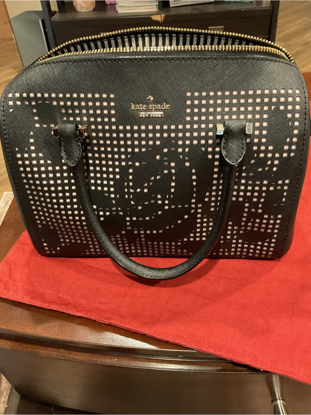 kate spade Black Perforated Satchel with Pink Underlay
